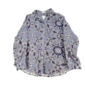 Chicos Blue Paisley No-Iron Button Down Shirt Womens Size 1 Medium Long Sleeve
